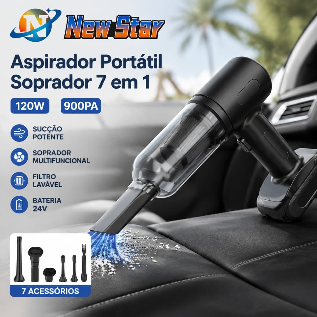 New Star Aspirador Portátil Soprador 7 em 1 120W 900PA Limpeza Carro Casa Escritório Filtro Lavável 24V