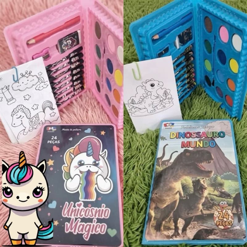 Estojo / Maleta de Pintura Infantil 24 Peças para Colorir - Estojo menina e menino - Unicornio e Dinossauro..