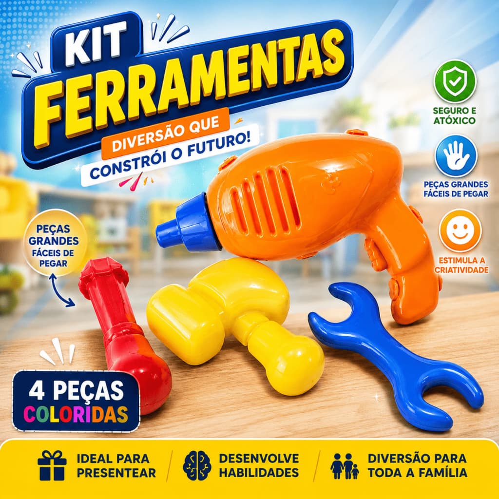 Kit Ferramentas Infantil Educativo Divplast Com Furadeira Martelo Chave 4 Peças Colorido