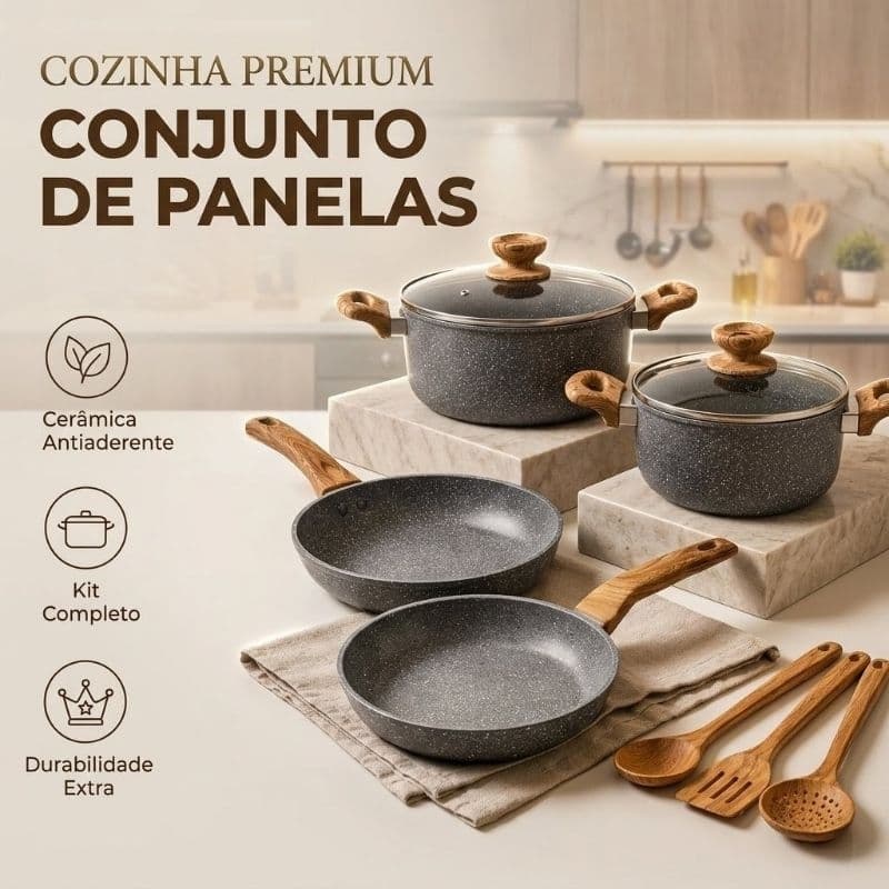 Conjunto De Panelas Antiaderente Cerâmica Granito-Shield Kit 7 Peças Design Europeu Cozinha Moderna