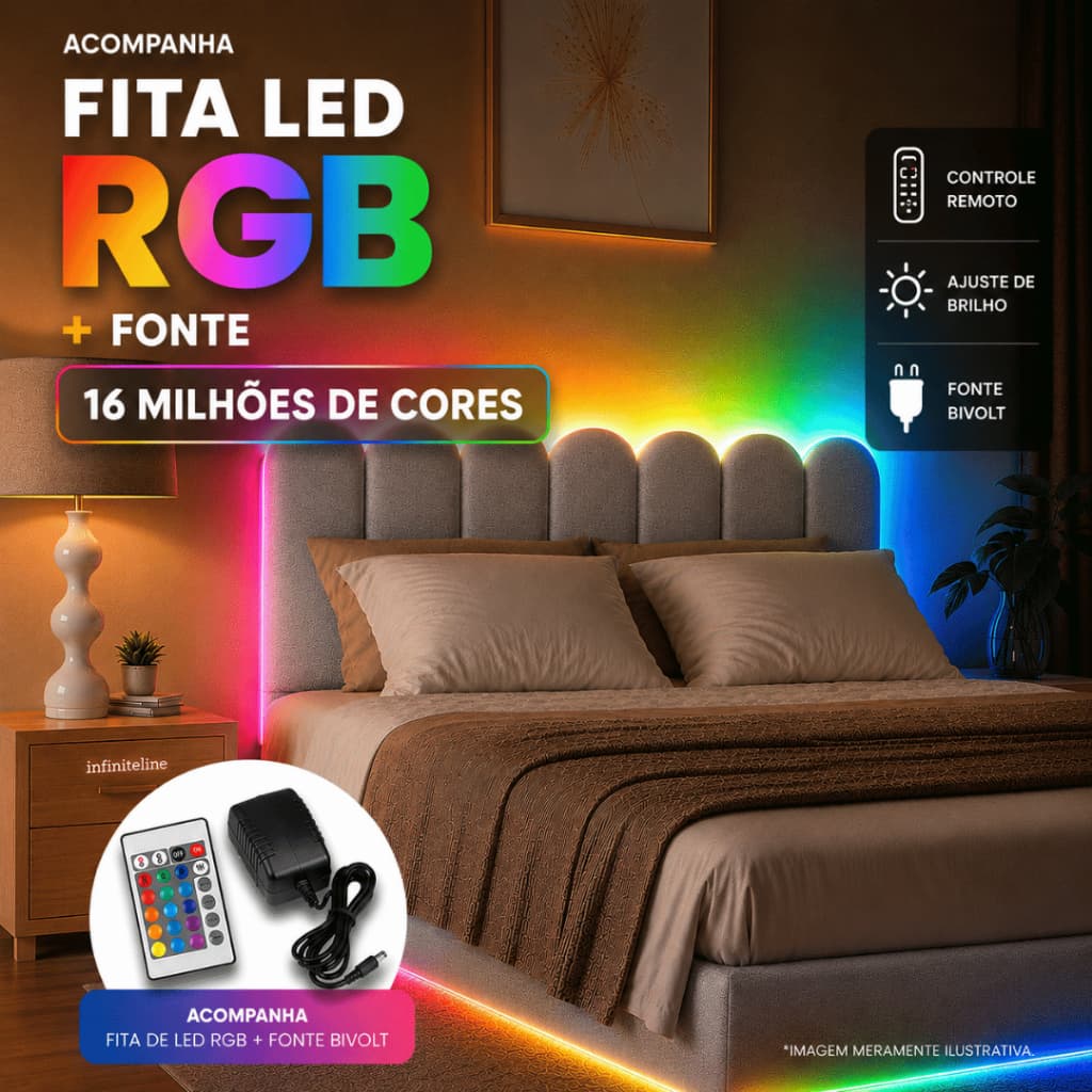 Cabeceira Modular Nuvem 45x20 Estofada LED RGB 5m IP44 Kit Completo Controle e Fonte