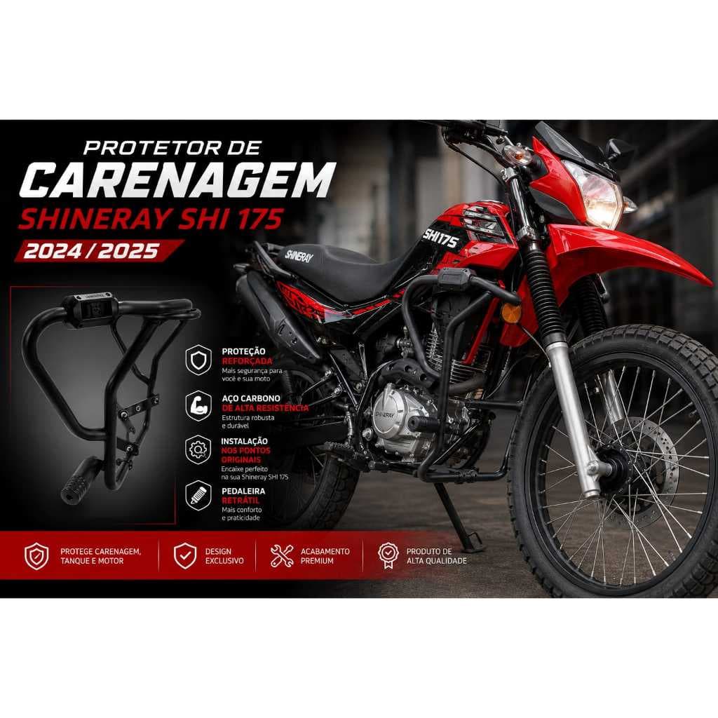 Protetor de Carenagem Shineray SHI 175 2024 2025 Reforçado Com Slider Preto Fosco Reforçado Fibra