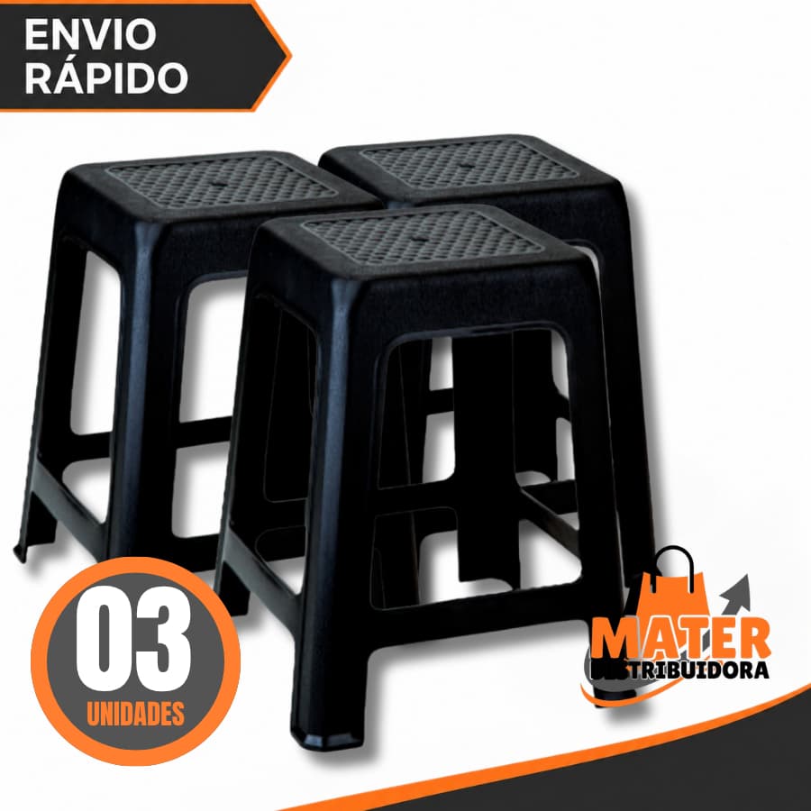 Kit 03 Banqueta Preta De Plástico Resistente Reforçada Adulto Suporta Até 120kg