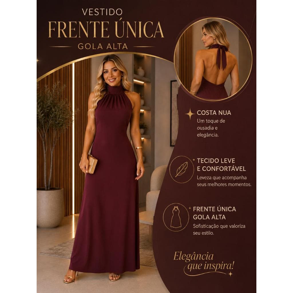 VESTIDO FRENTE UNICA GOLA ALTA FEMININA COSTA NUA LONGO