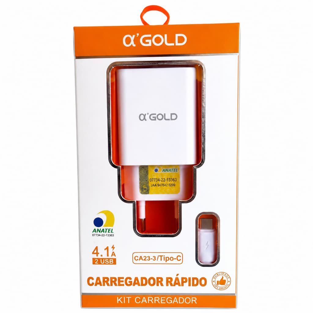 Carregador Rápido α'GOLD 4.1A Tipo-C com Cabo USB-C 2 Portas USB Bivolt