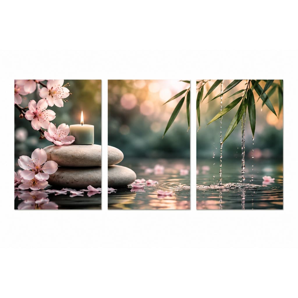 Kit 3 Quadros Decorativos Spa Zen Bambu Pedras Vela Flores Relaxamento Sala Massagem Estética