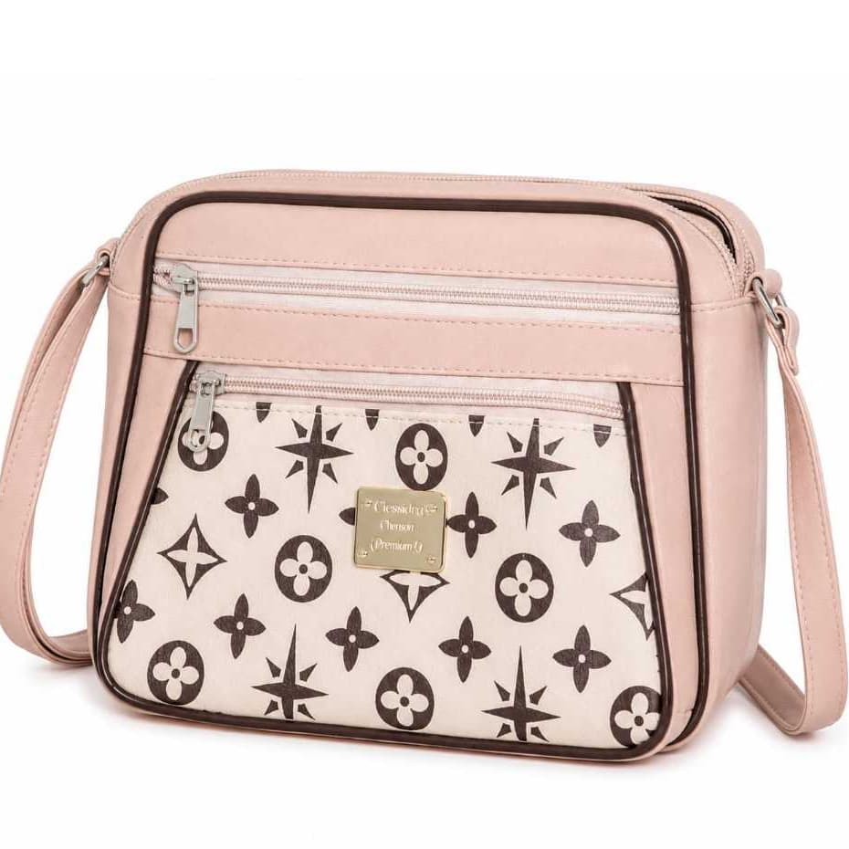 lBolsa Feminina Transversal 3 Divisórias Couro Sintético Alça Regulável Bolsa Tiracolo Casual