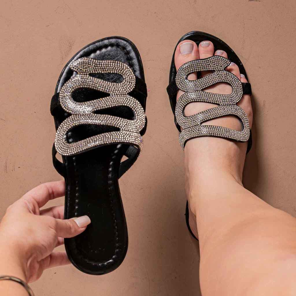 Sandália Feminina Rasteirinha Rasteira Chinelo Brilhosa Strass Cobra Snake Confortável