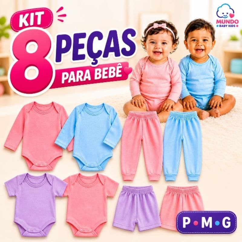 kit 8 peças Enxoval Body Manga Curta + Shorts e Body Manga Longa e Mijão Menina Menino Conjunto Bebê