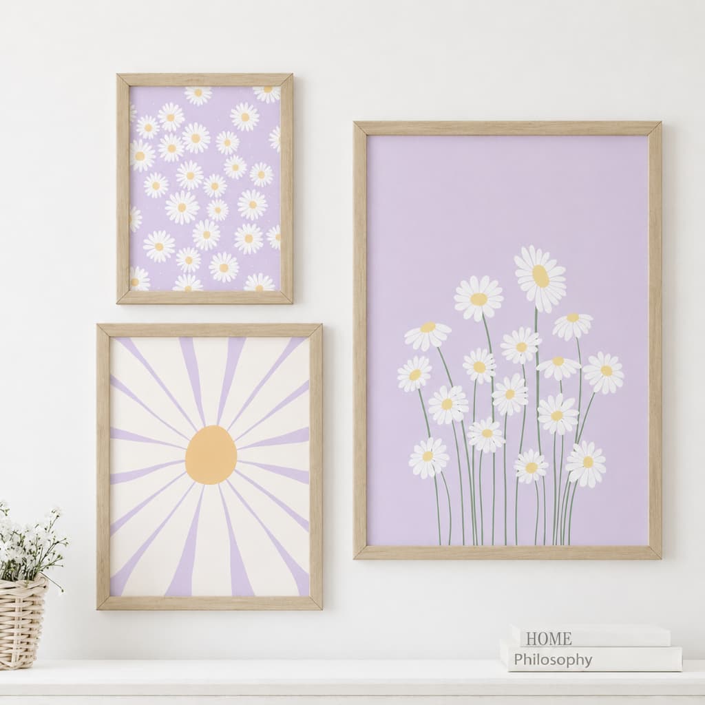 Quadro Decorativo Composição Trio de Quadros Margaridas Fundo Lilás Moldura Caixa TokQuadros
