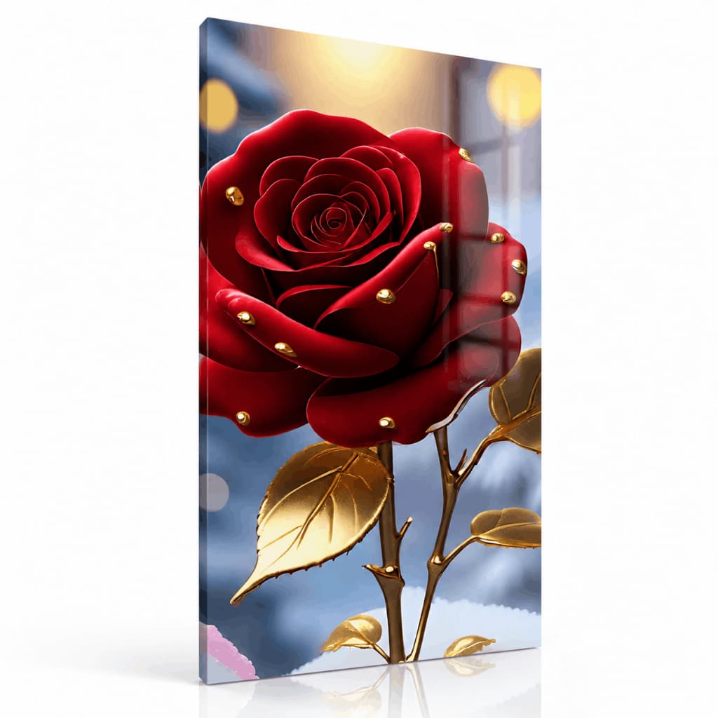 Quadro Rosa Vermelha Dourada Decorativo Premium Para Sala Quarto Luxo Sofisticado Elegante