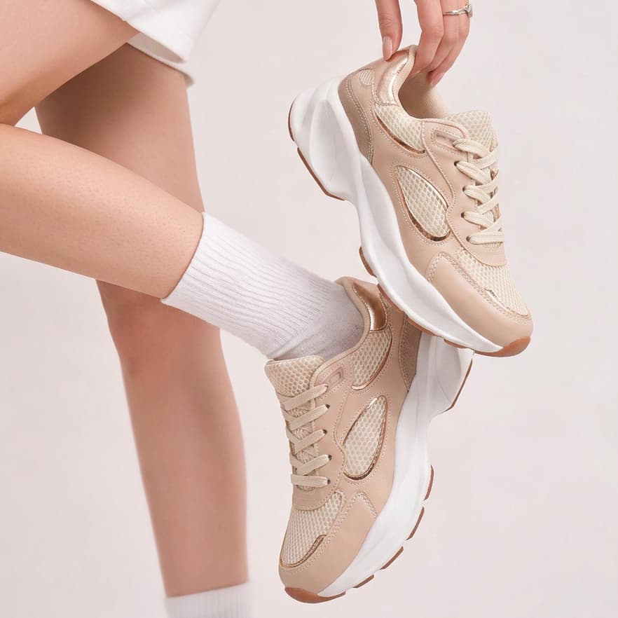 Tênis Casual Feminino Estilo Esportivo Moderno Elegante Antiderrapante Nude Branco - Envio Imediato