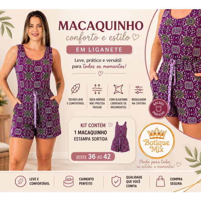 Macaquinho Macacão Com Regulagem Cintura  Sem Mangas  Com Bolso  Estampados Malha Fria  Liganete