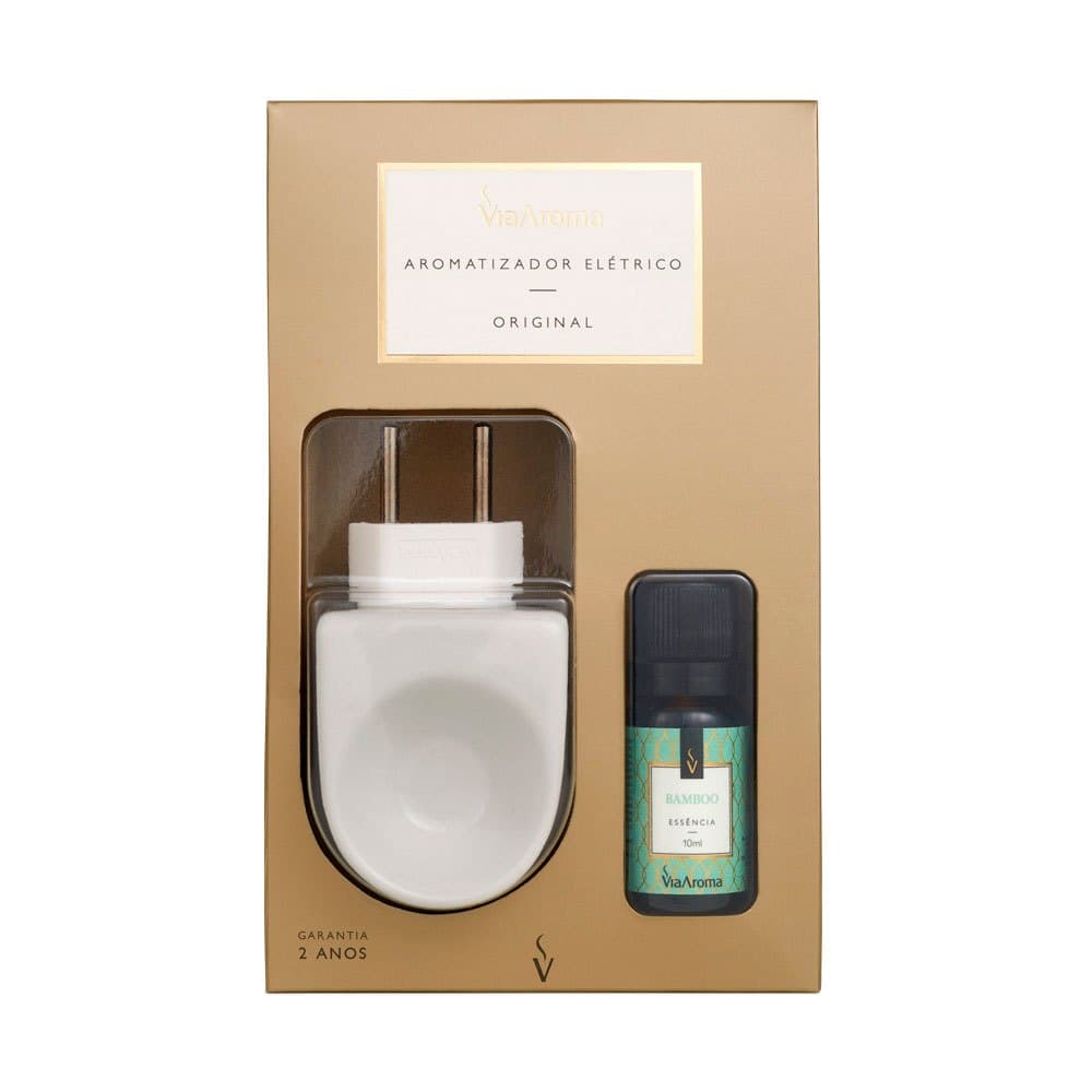 Kit Aromatizador Difusor Elétrico Porcelana Original Via Aroma Aromaterapia + Essência Bamboo 10ml