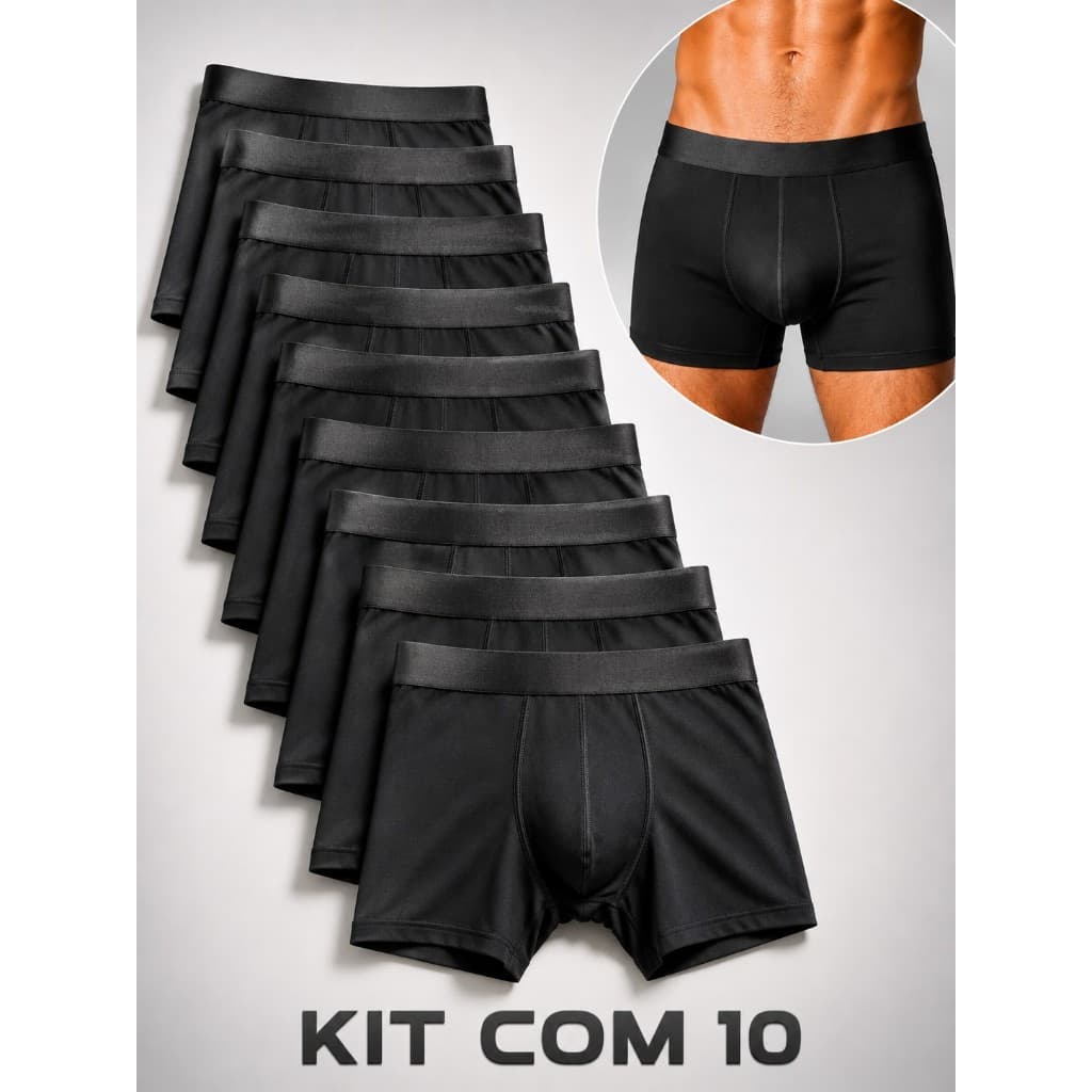 Kit Com 10 Cuecas Boxer De Microfibra Adulto Box Masculina Lisas Pretas