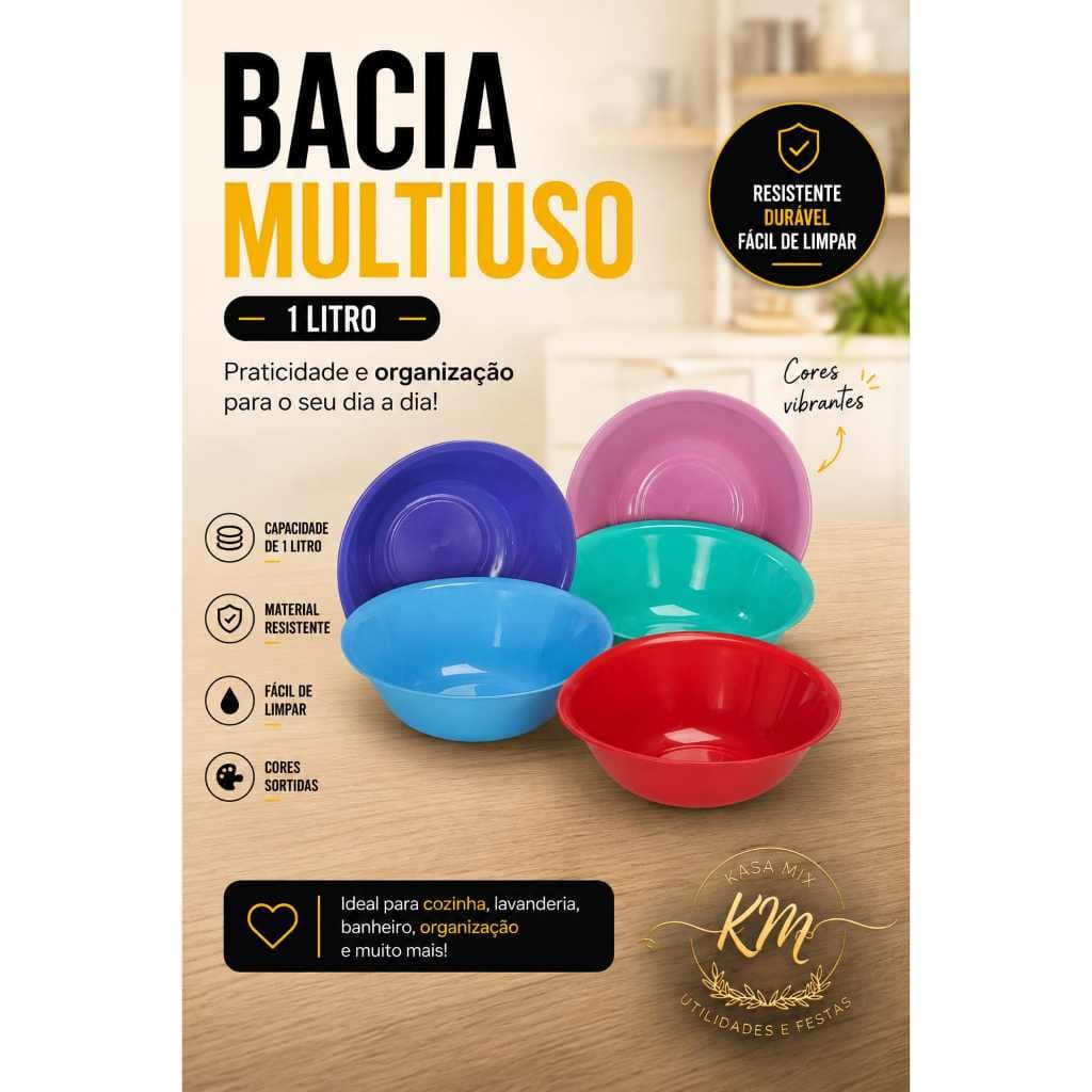 Kit 10 Bacias Tigelas 1 litro de Plástico Peças Coloridas Sopas Caldos Sobremesas Bowl