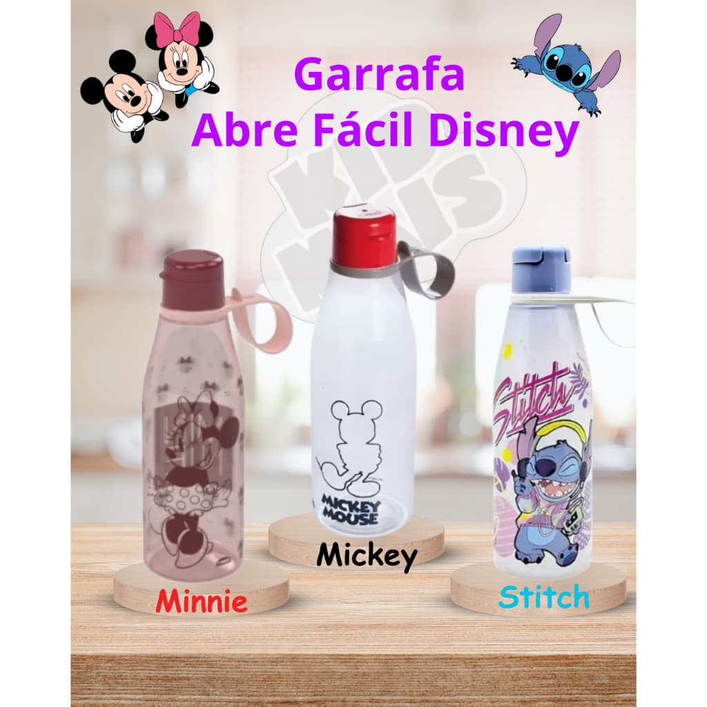 Garrafa De Agua Infantil Disney De Plástico Tampa Abre Fácil 530ml Mickey, Minnie, Stitch