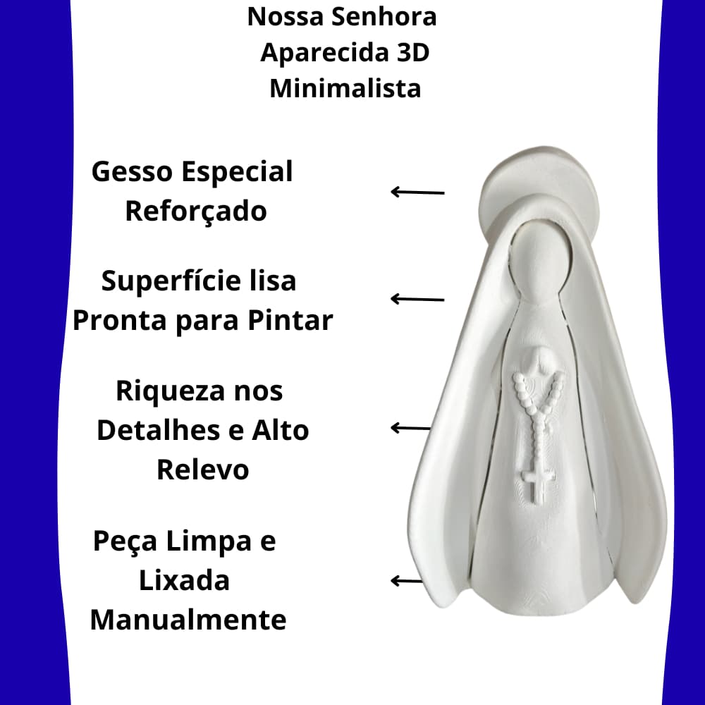 Kit 3 Nossa Senhora Aparecida 3D Minimalista 19cm Gesso Cru