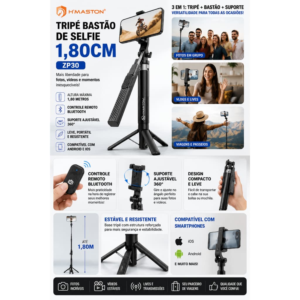 Tripé Para Celular 1,80m Bastão De Selfie Bluetooth Controle Remoto ZP30 H'Maston Para Fotos Vídeos Lives
