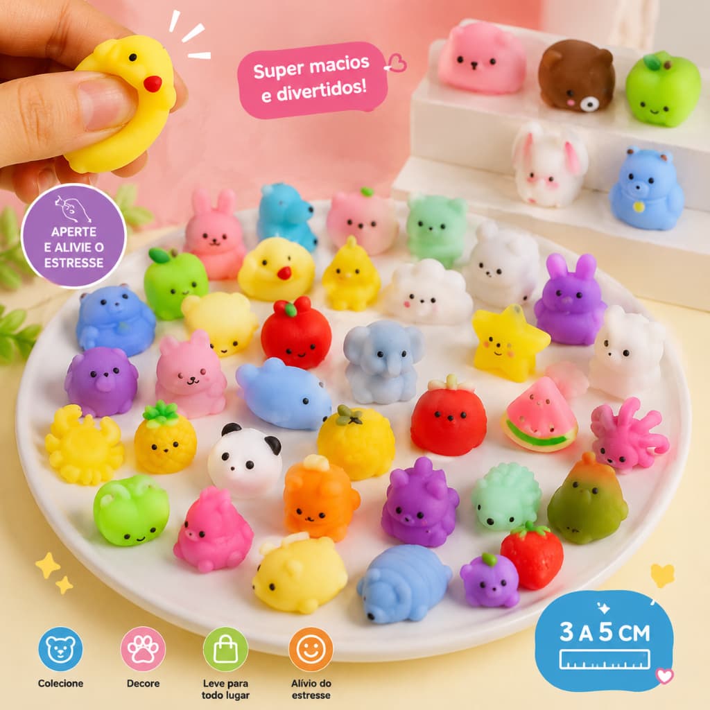 Squishy Mochi Bichinhos Kit 10/15/20 uni. – Brinquedo Antiestresse, Lembrancinha e Decoração