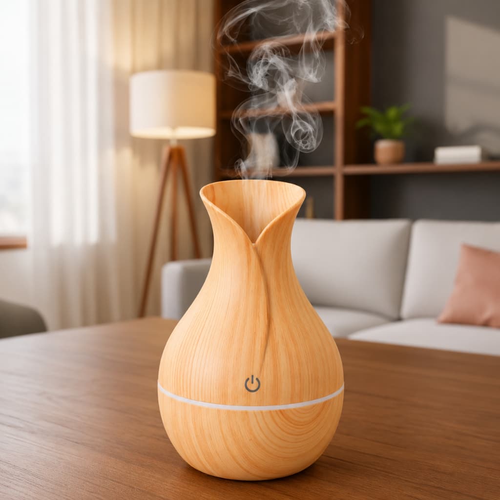 Umidificador Vaso Aromatizador Ultrassônico Tipo Madeira Usb Com Led Colorido 130ml