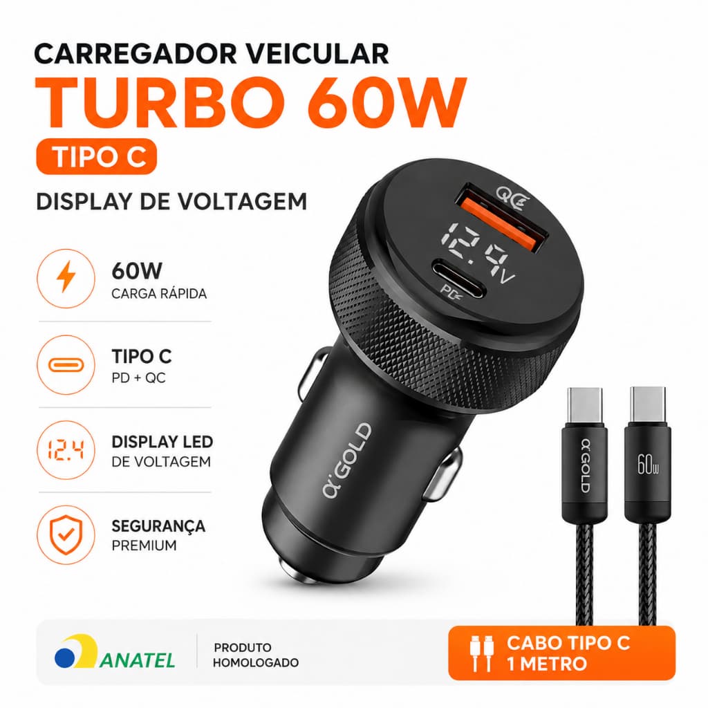 Carregador Veicular Turbo TIPO C 60W Com Cabo Carregamento Rápido Para Carro