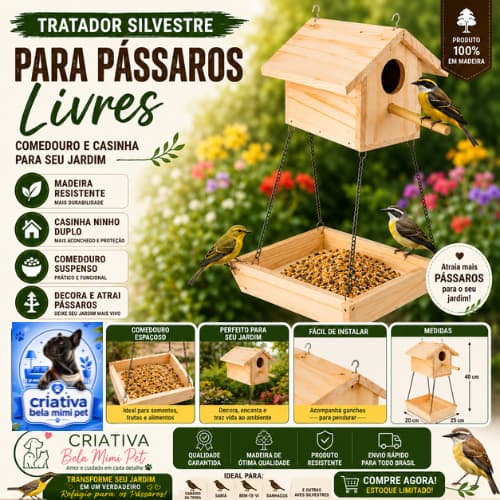 casinha Tratador Silvestre de Madeira Passarinho Comedouro Alimentador Com Casinha Ninho Duplo Canário da Terra