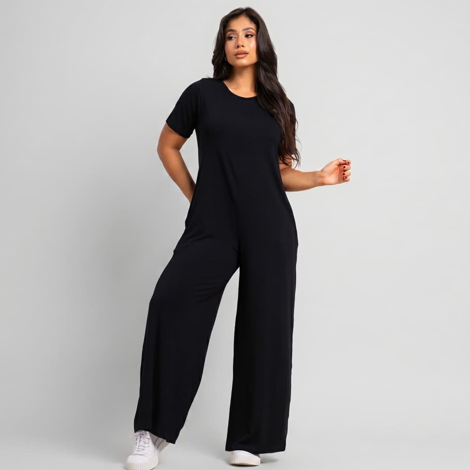 Macacão Feminino Longo Pantalona Viscose Manga Curta Casual Confortável Não Marca Não Encolhe