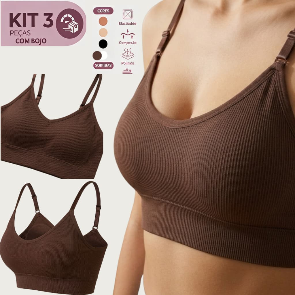 Kit 3 Sutiã Sustentação Com Bojo Removível Confortável Sem Aro Não Machuca Modela P/M e G/GG Promoção