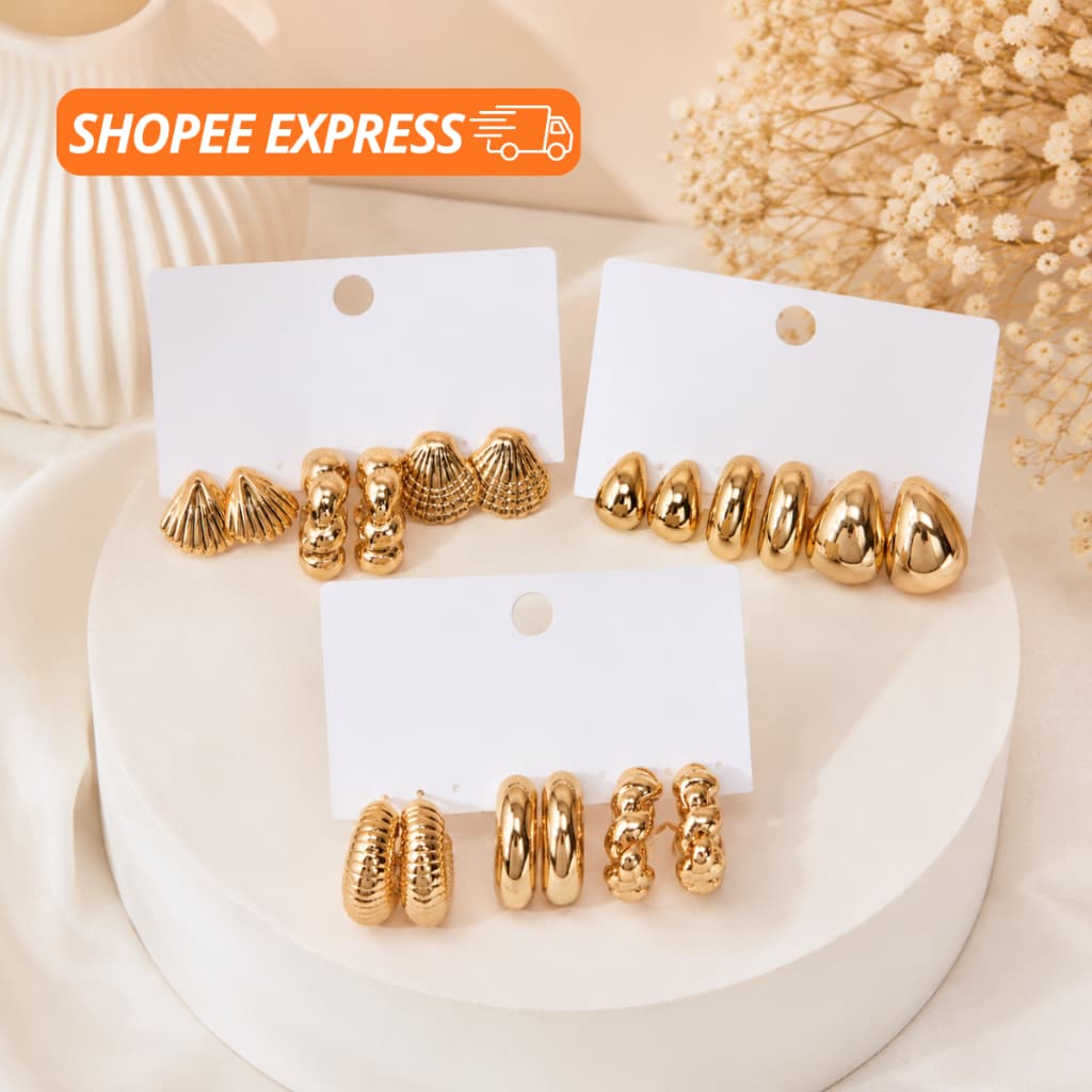 Kit Conjunto de 3 ou 9 Pares de Brincos Femininos Brinco Dourado Acessórios Formato Argola e Gota