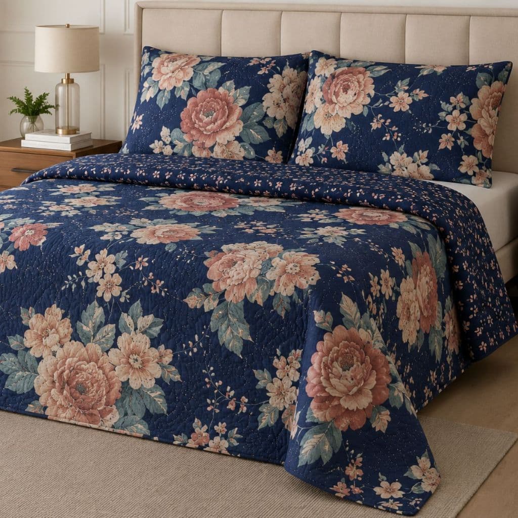 Colcha Casal Cobre Leito 3 Peças Estampado Dupla Face Enxoval Porta-Travesseiro
