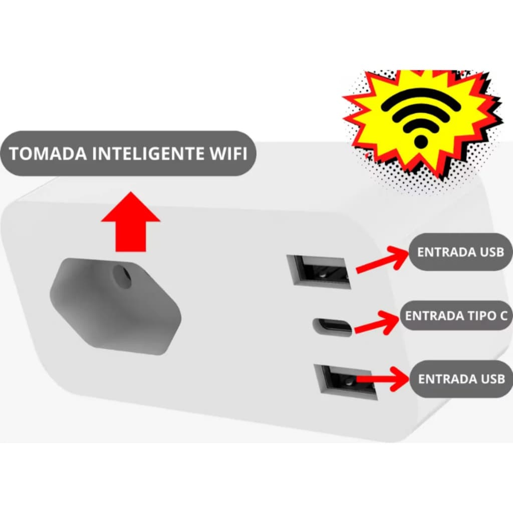Tomada Inteligente Wi-Fi 3 Pinos 2 USB 1 Tipo-C Alexa Google