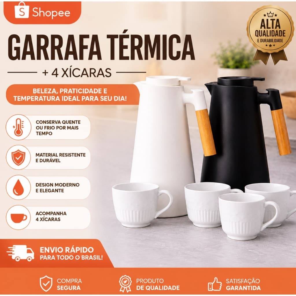 Garrafa Térmica 1L Café Chá Nórdica Com Cabo Madeira + 4 Xicaras Porcelana Branca relevo Mesa  Posta