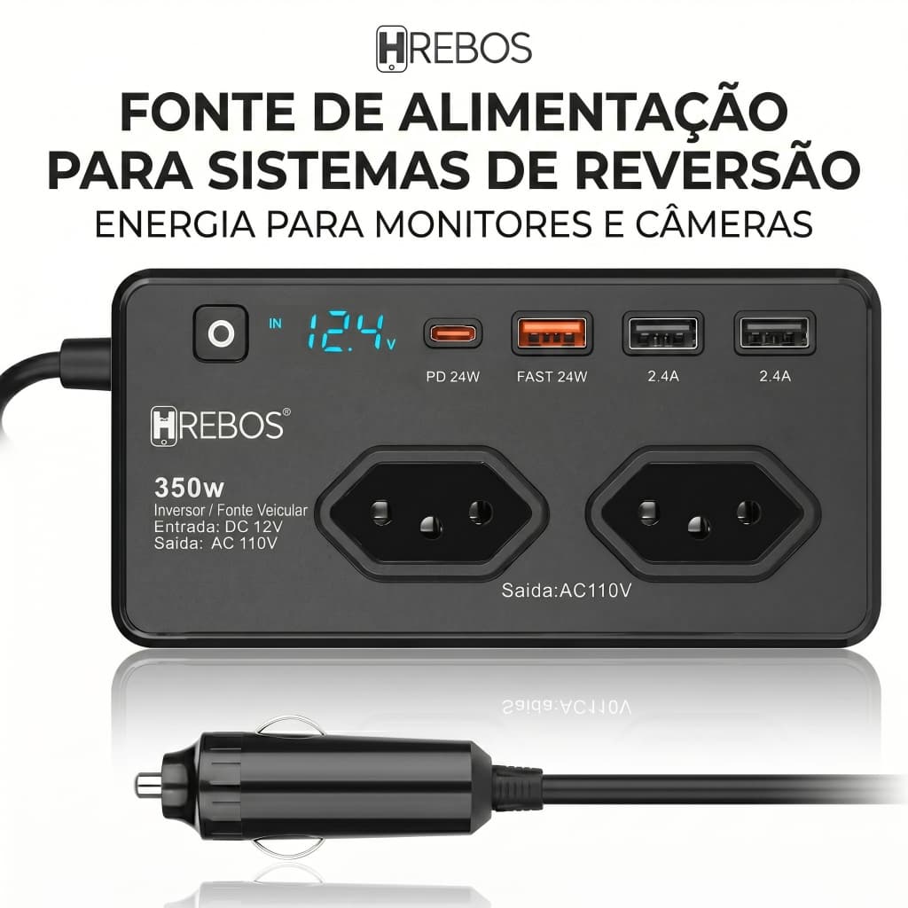 HREBOS x HEYOO Inversor automotivo 12V 110V bobina cobre puro proteção multifunção camping viagem
