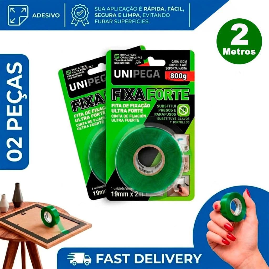 Kit Jogo 2 Fitas Dupla Face Colante 19mm X 2m Fixa Forte Para Parede Fixa Quadros Unipega Rsistente