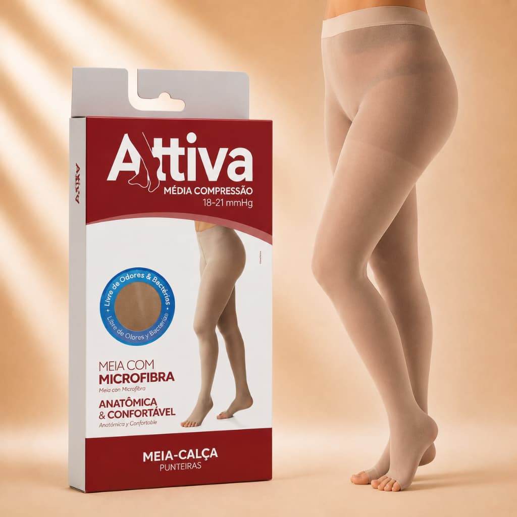 Meia Calça Elástica Attiva Média Compressão 18-21mmHg Cor Natural Ponteira Aberta