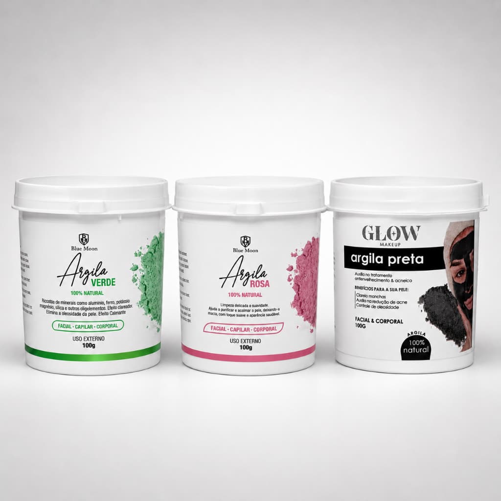 Kit Argila Verde Rosa e Preta Facial Corporal Capilar, limpeza de pele,controle de oleosidade