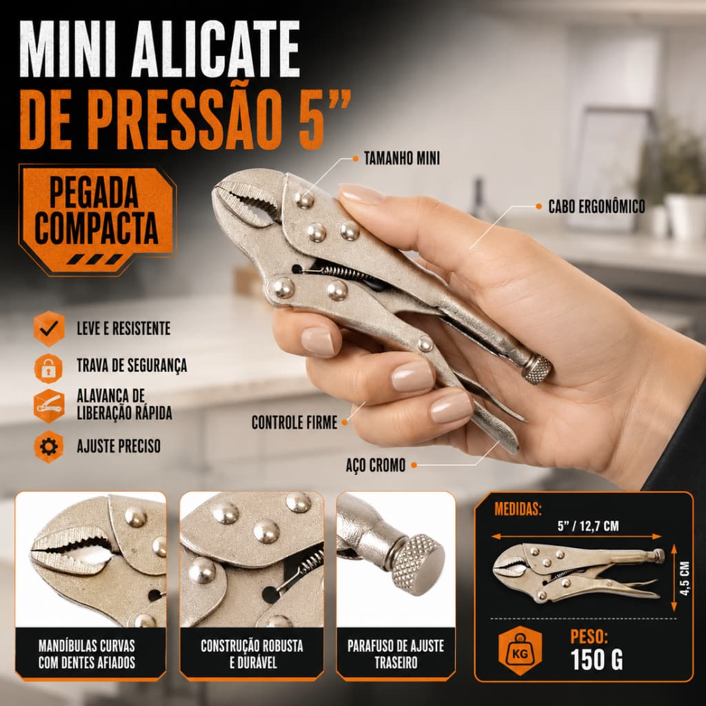 Mini Alicate de Pressão Boca Curva 25mm 5 Polegadas (127mm) Aço Cromo Vanádio Profissional Boca