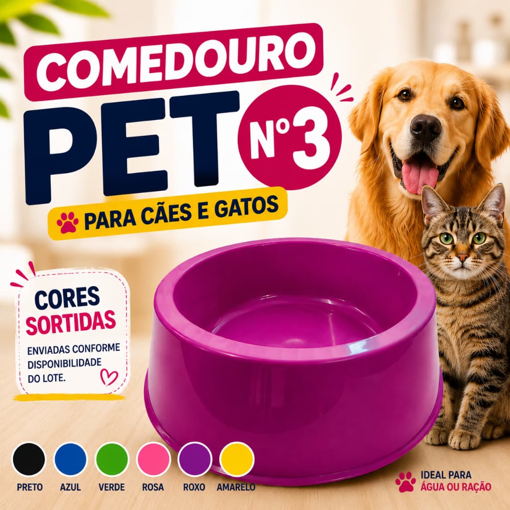 Comedouro Pet Plástico Para Cães E Gatos Reforçado Cores Sortidas