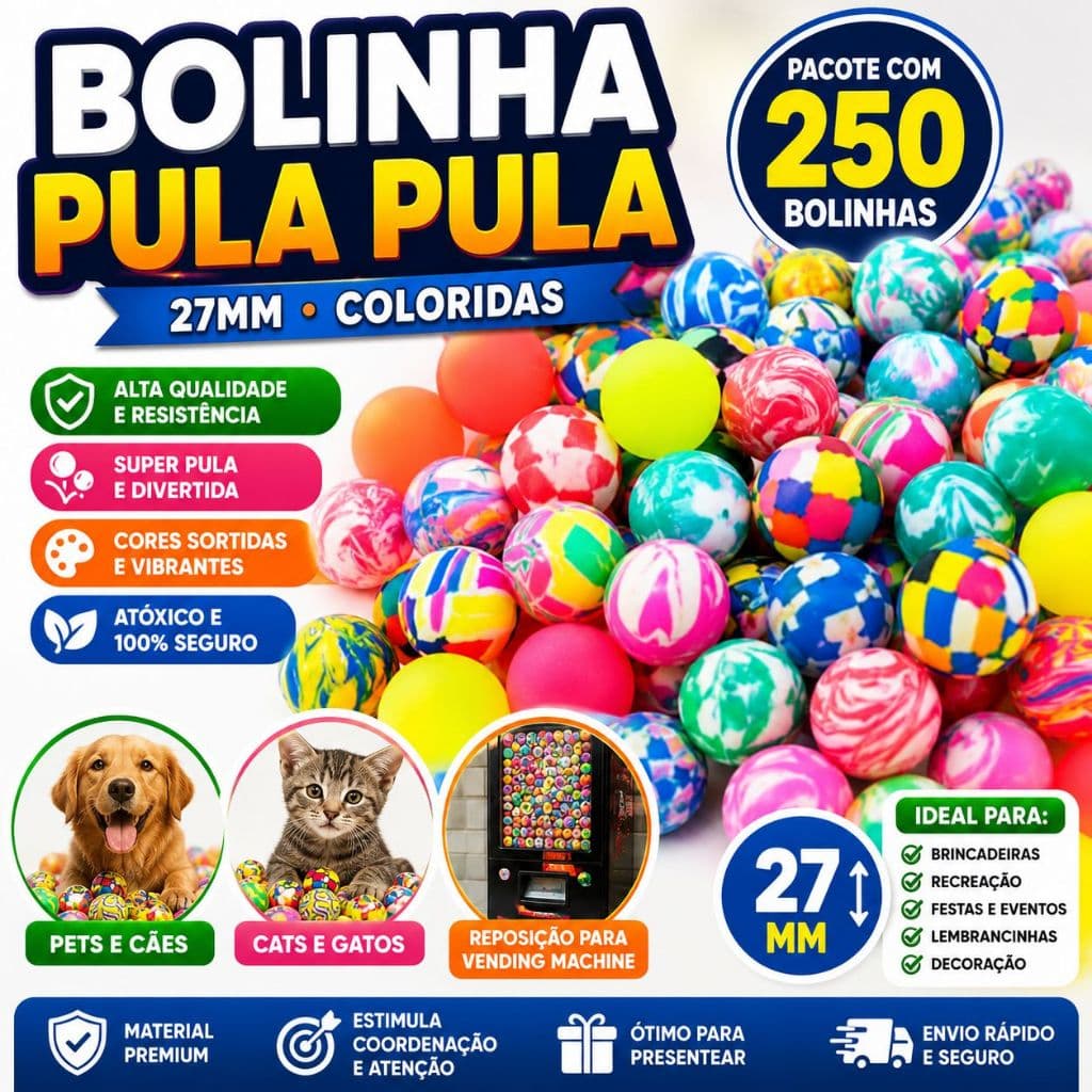 Bolinha Pula-Pula 27mm - Pacote com 250 Unidades Coloridas - Atacado Brinquedo Festa