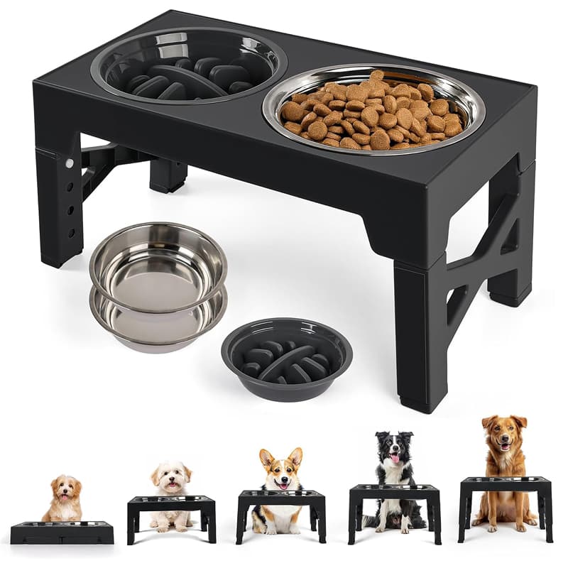 Comedouro Elevado Ajustável 5 Alturas para Cães, Dobrável com 2 Tigelas Inox + Comedouro Lento,Preto