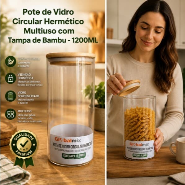 Pote Vidro Hermético Multiuso Tampa Bambu 1200ml Sustentável Organização Alimentos