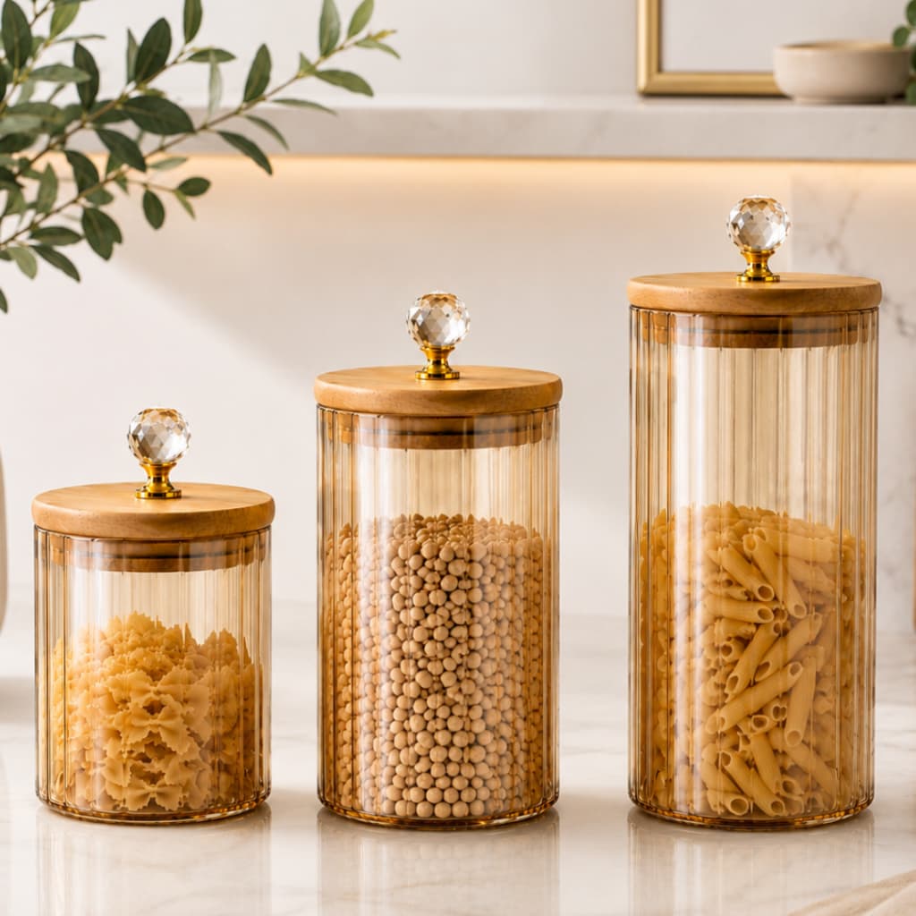 Kit de Potes de Vidro com Tampa de Bambu Hermético Canelado Âmbar Cristal Luxo Porta Mantimentos de Vidro 2 ou 3 Peças
