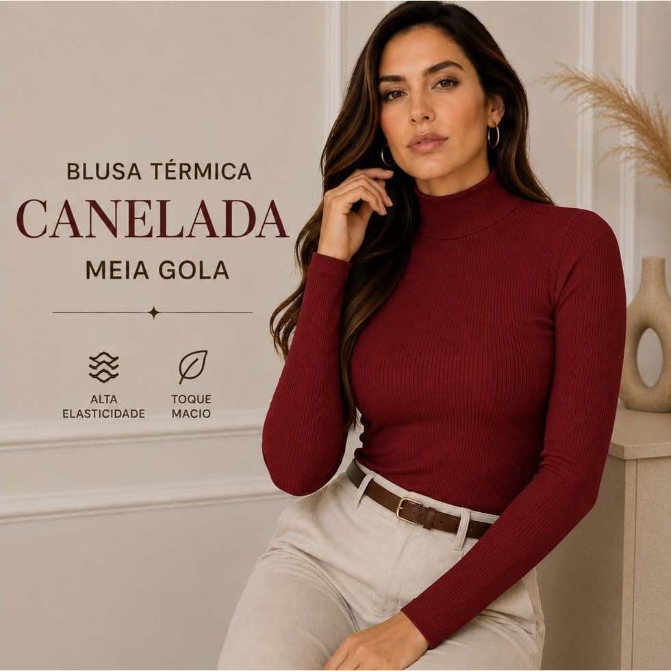 Blusa Feminina Quentinha Canelada Meia Gola Manga Longa Premium