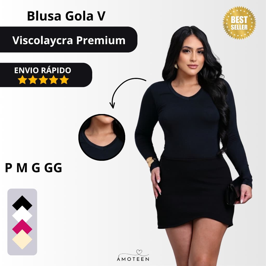 Blusa Gola V Segunda Pele Manga Longa Em Viscolycra Meia Estação Envio Imediato Básica Elegante