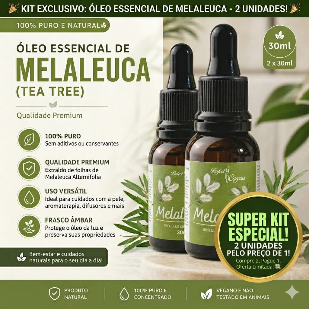 Kit 2 Óleo Essencial de Melaleuca Puro Tea Tree Leve 2 Pague 1