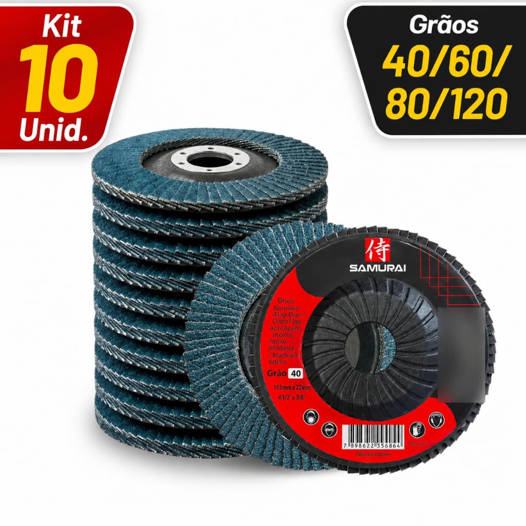 Kit 10 Disco Flap 4.1/2 115mm Zircônio Desbaste Acabamento Aço Inox Esmerilhadeira Lixadeira Samurai