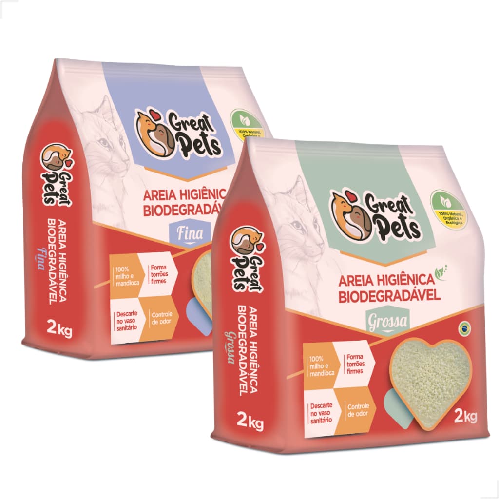KIT 2 Areias Para Gatos Biodegradavel Mandioca Milho Fina Grossa 4kg - Great Pets
