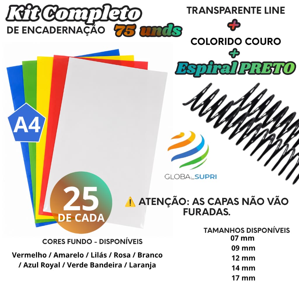 Kit p/ Encadernação 75 un | 25 Capas A4 TRANSPARENTE LINE + 25 A4 COLORIDO COURO + 25 Espirais PRETO
