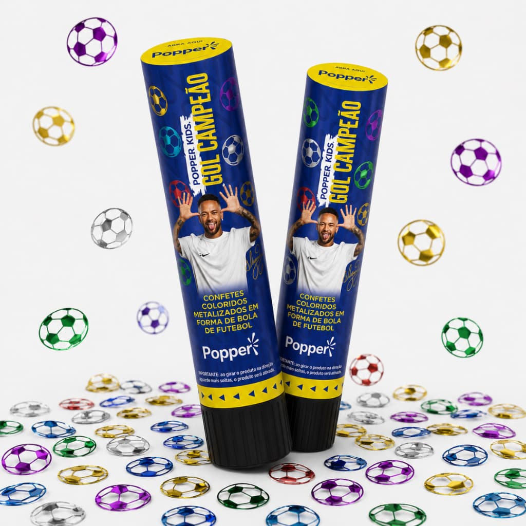 Kit Lança Confete Futebol Gol Campeão 20cm Bola Metalizado Festa Aniversário Torcida
